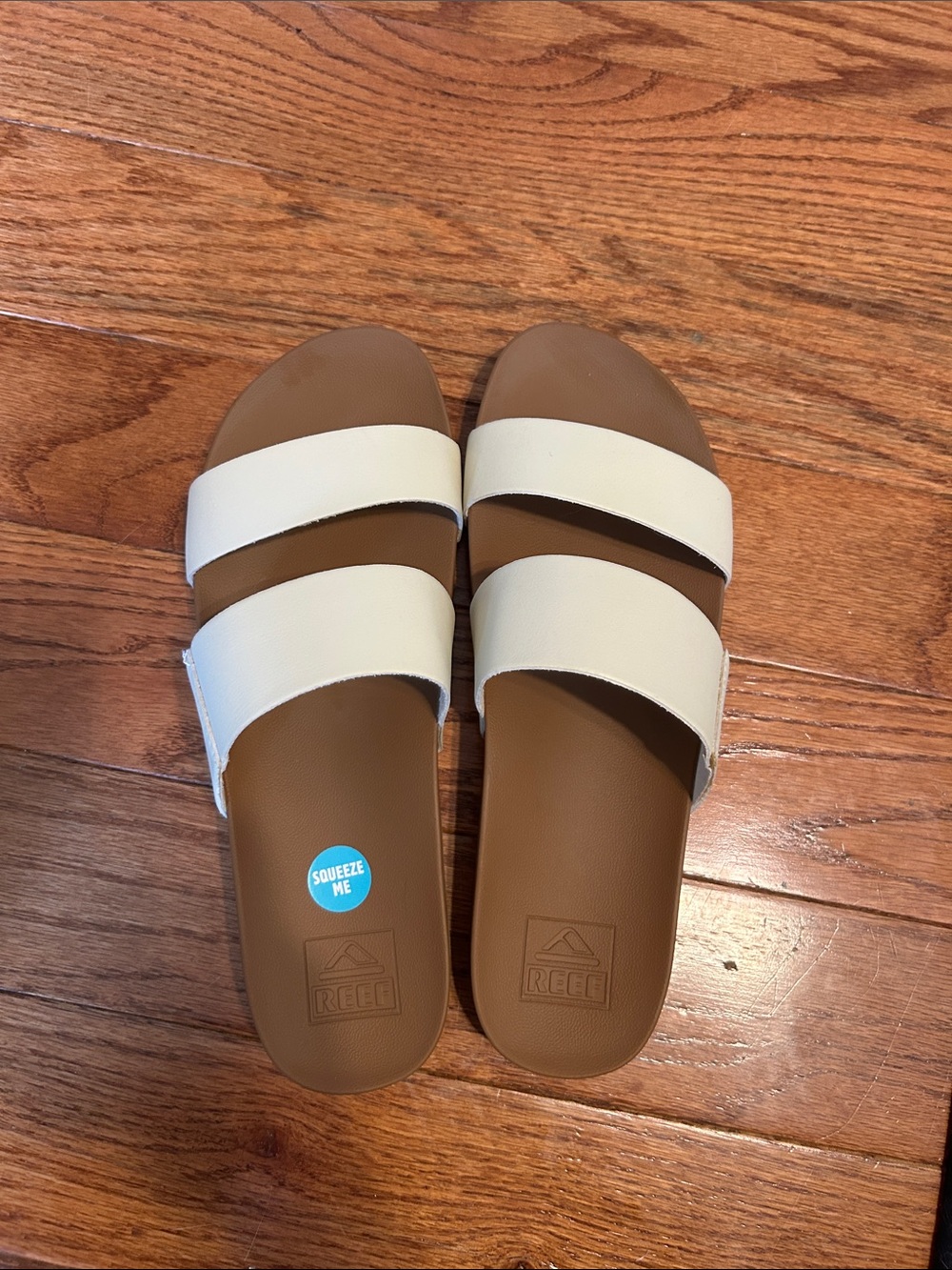 Reef White and Brown Double Strap Slide Sandals